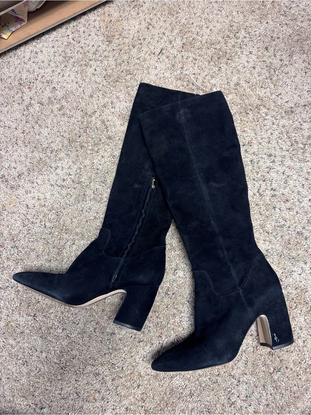 Sam Edelman Hai Knee High Black Suede Heeled Boots, Size 9